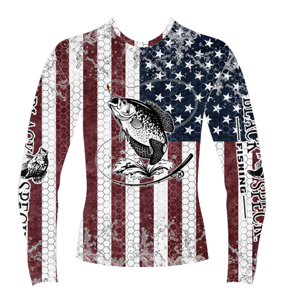 SUBLIMATION LS SUPREME COMFORT 4-WAY STRETCH PERFORMANCE TEE USA FLAG HOOKED ON CRAPPIE